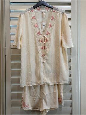 Anthropologie Cream Short Pajama Set with Coral Embroidery